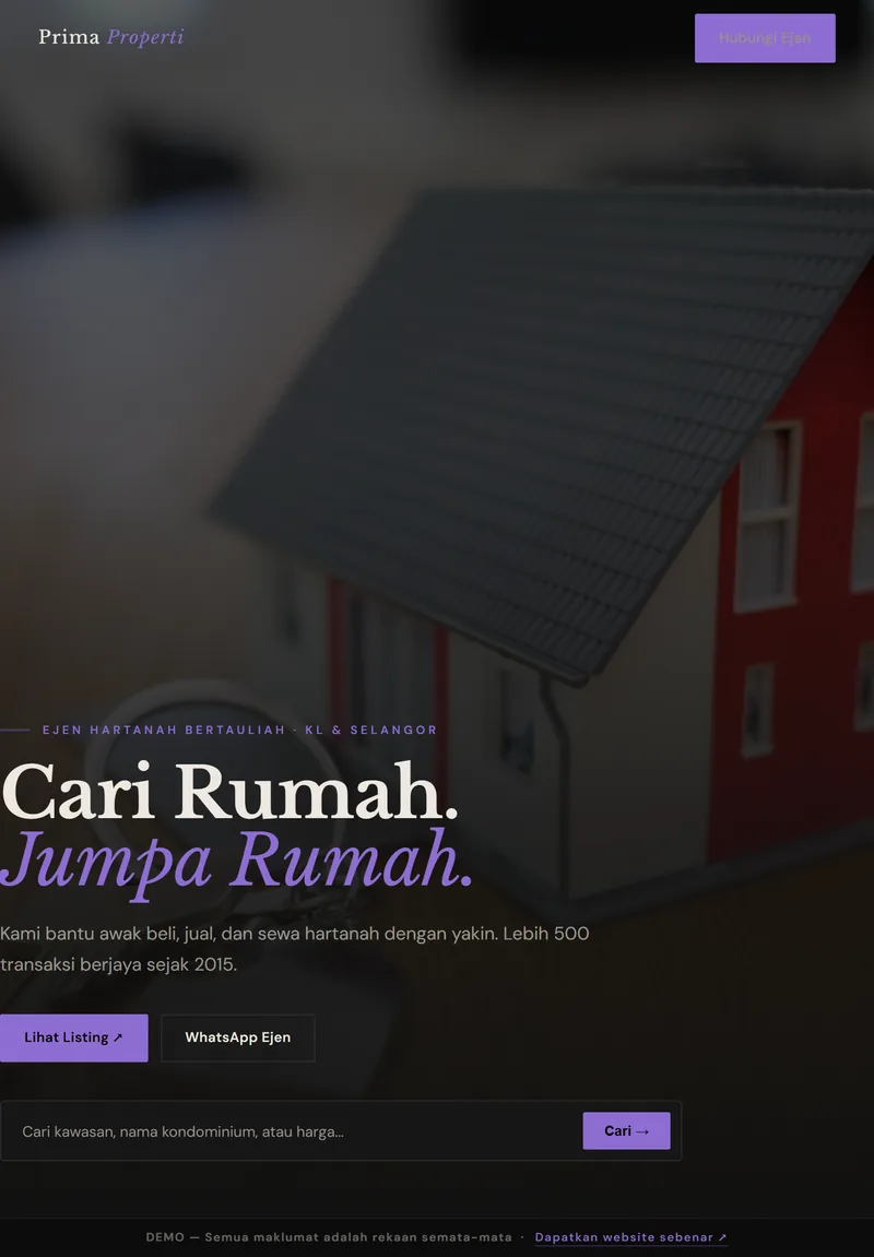 Paparan tablet laman PRIMA PROPERTI